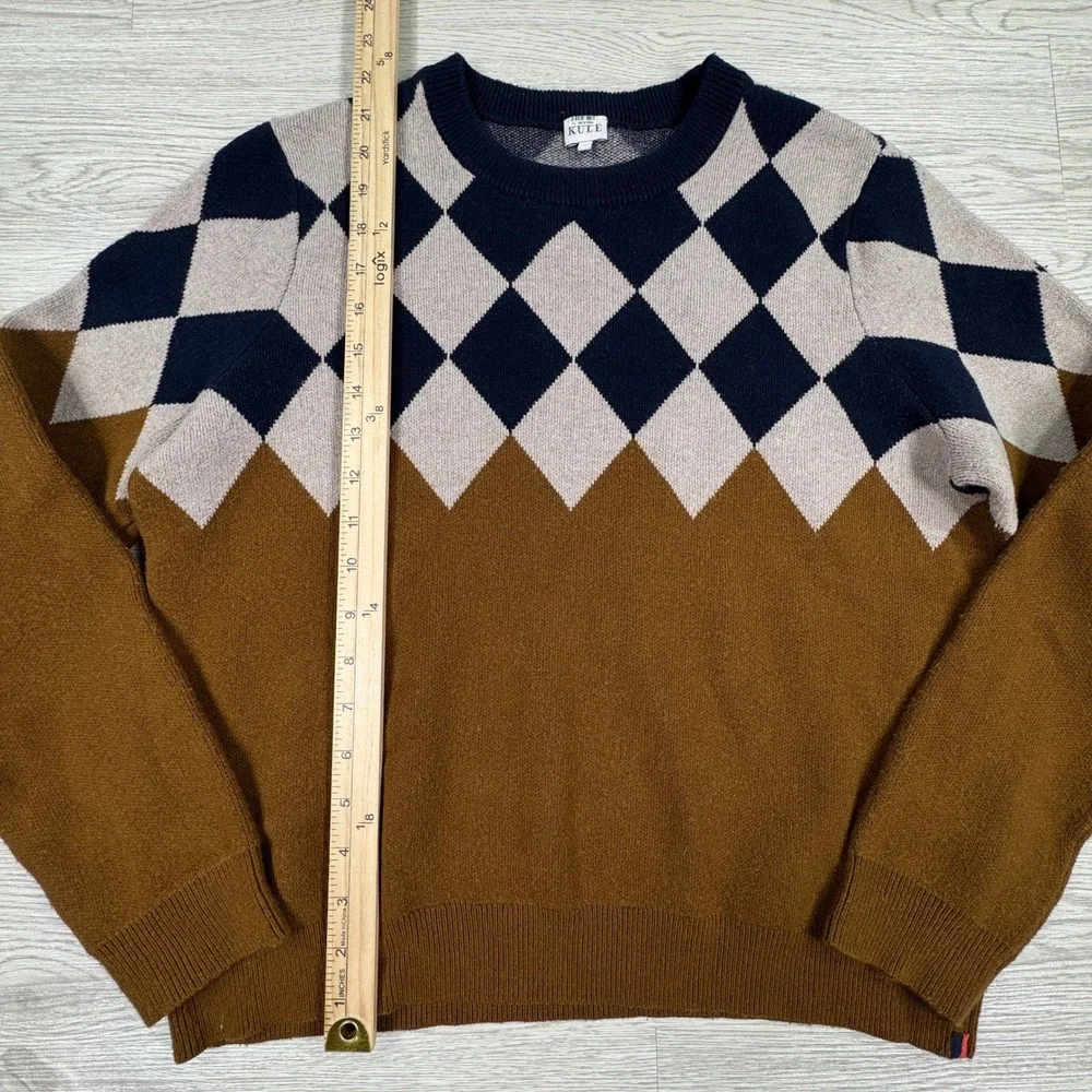 Kule Mens Sweater Argyle Crewneck Brown Navy Blue‎ Medium Wool Cashmere Blend